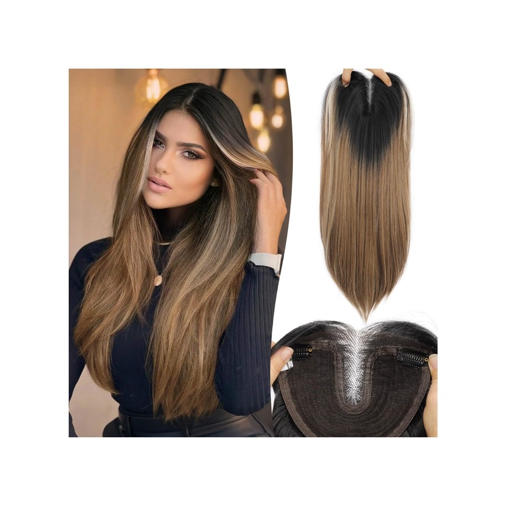 Black to Ombre Light Brown Synthetic Hair Topper 24" 5x6 Base with Wispy Bangs